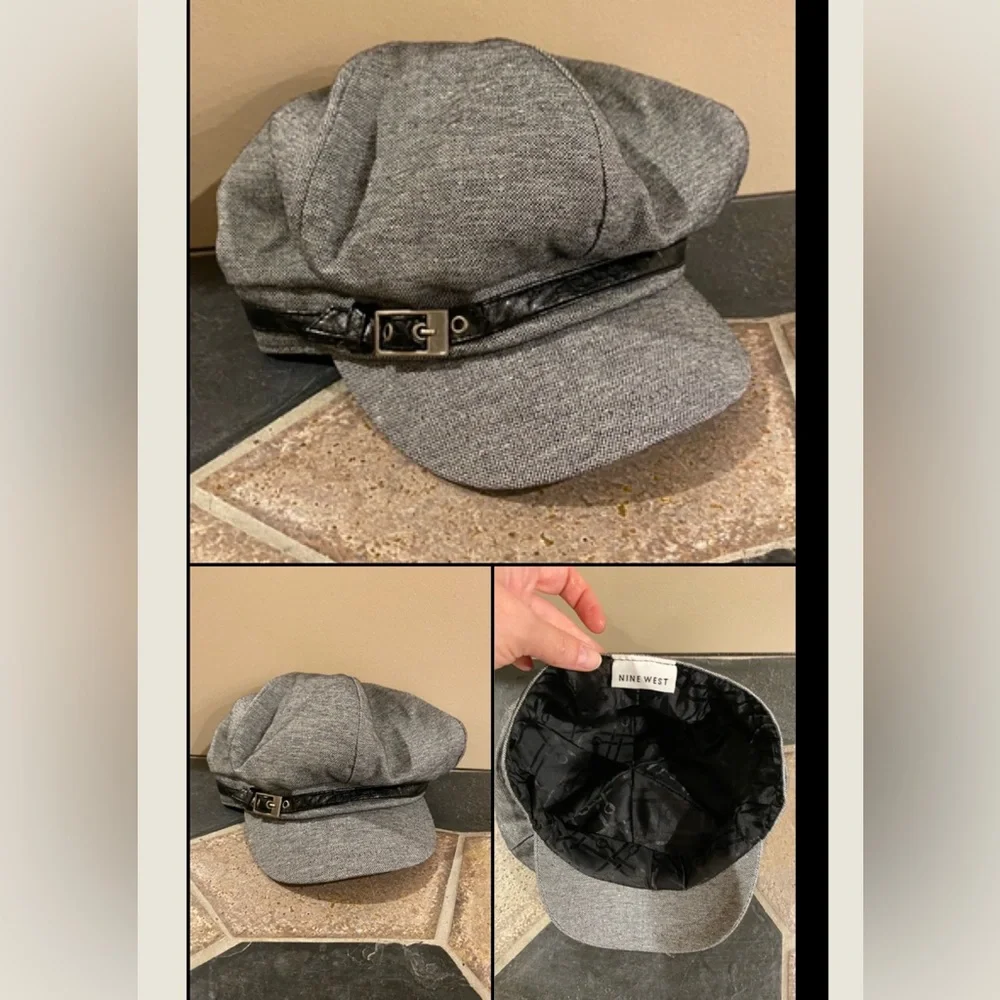 Y2K Nine West Tweed Newsboy Cap w/ Faux Leather Band & Buckle Black & White